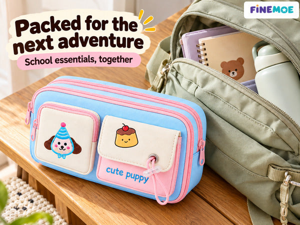 Cute Puppy Pencil Pouch – Embroidered, 4 Pockets