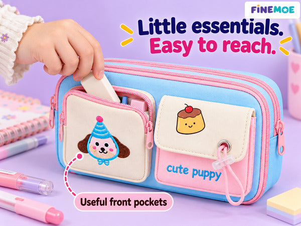 Cute Puppy Pencil Pouch – Embroidered, 4 Pockets