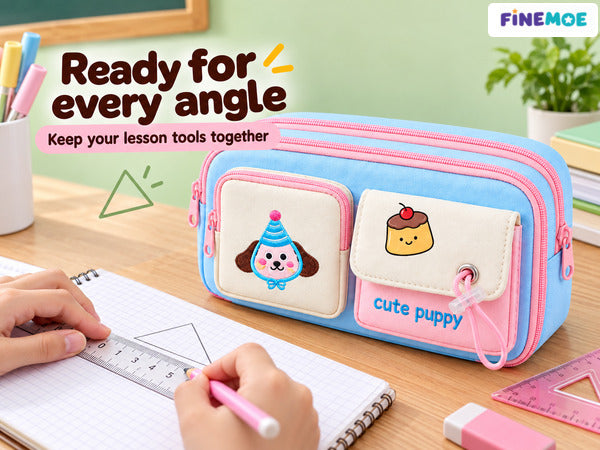Cute Puppy Pencil Pouch – Embroidered, 4 Pockets