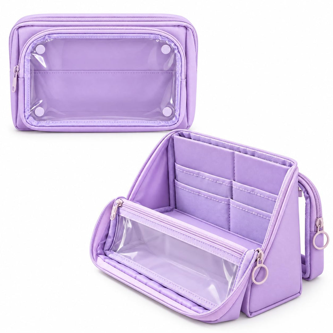 Standing Pencil Case – Detachable Clear Pouch – Purple