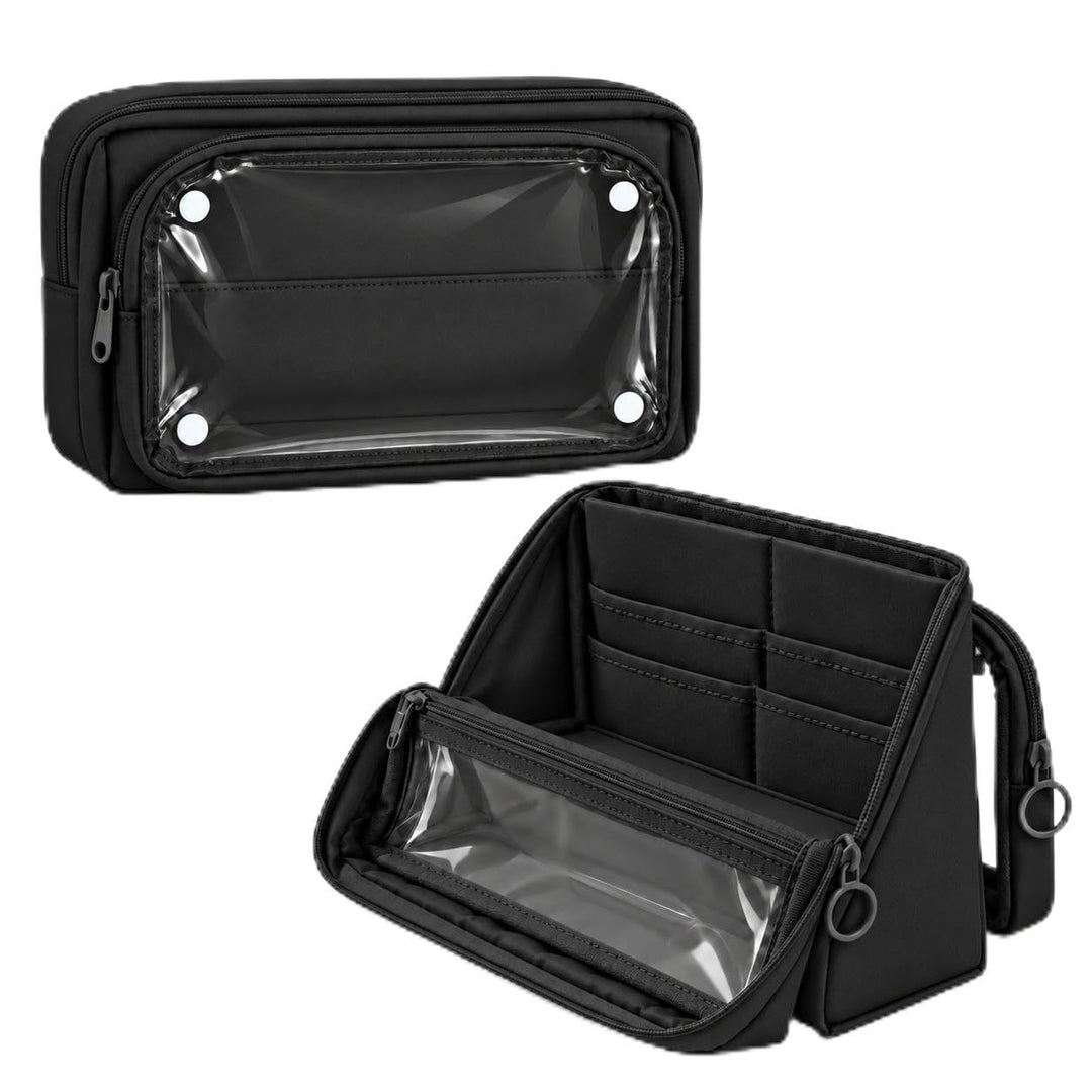 Standing Pencil Case – Detachable Clear Pouch – Black