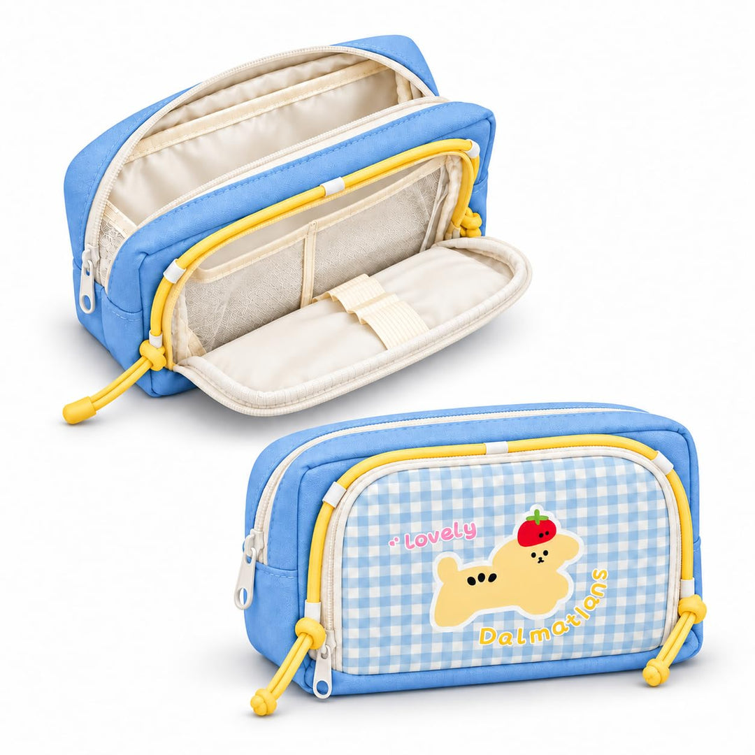 Double-Zip Puppy Pencil Pouch – Canvas – Blue