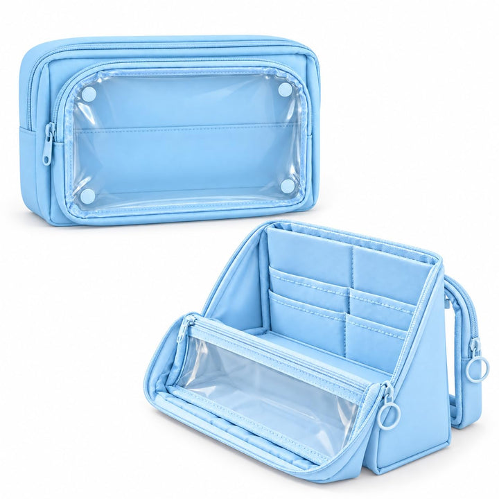 Standing Pencil Case – Detachable Clear Pouch – Blue