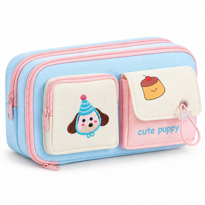 Cute Puppy Pencil Pouch – Embroidered, 4 Pockets