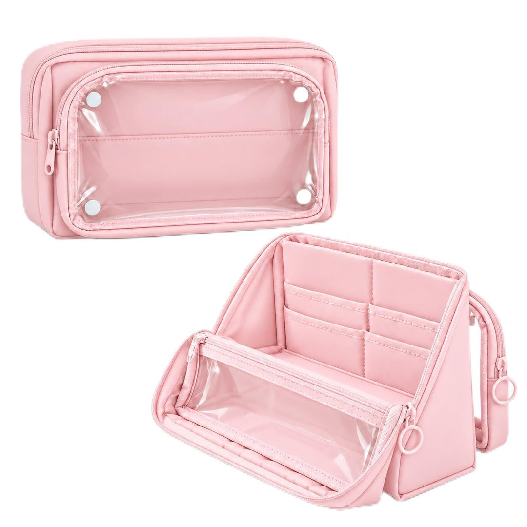Standing Pencil Case – Detachable Clear Pouch – Pink