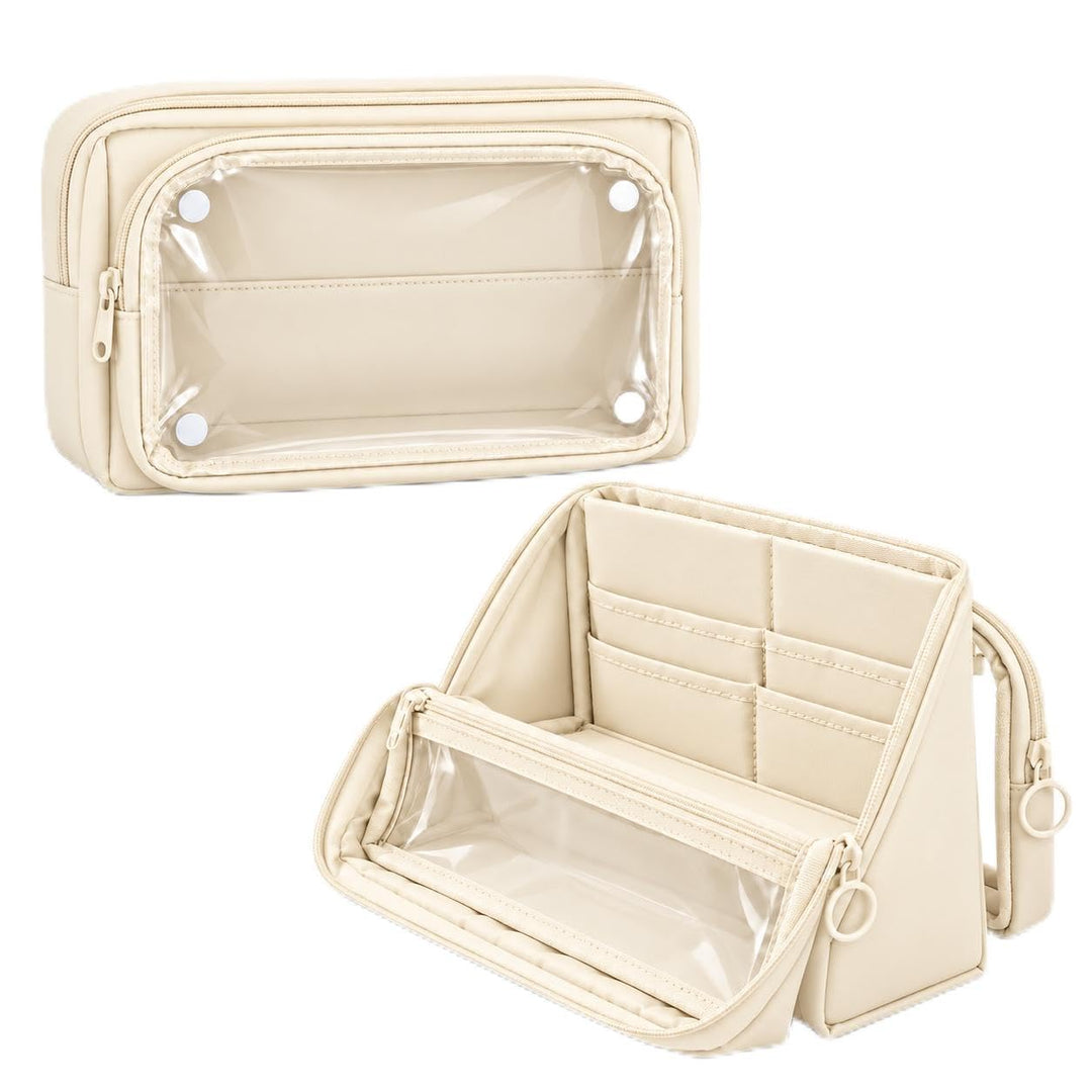 Standing Pencil Case – Detachable Clear Pouch – Beige