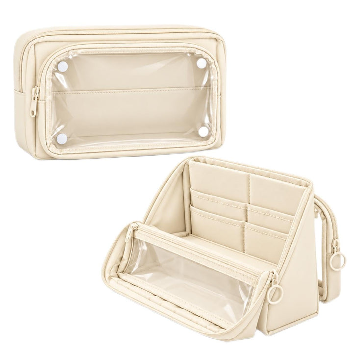 Standing Pencil Case – Detachable Clear Pouch – Beige