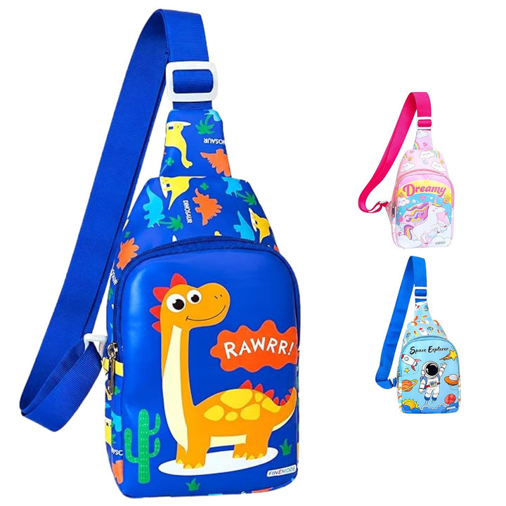 Kids sling bag – RAWRR dinosaur print (blue)