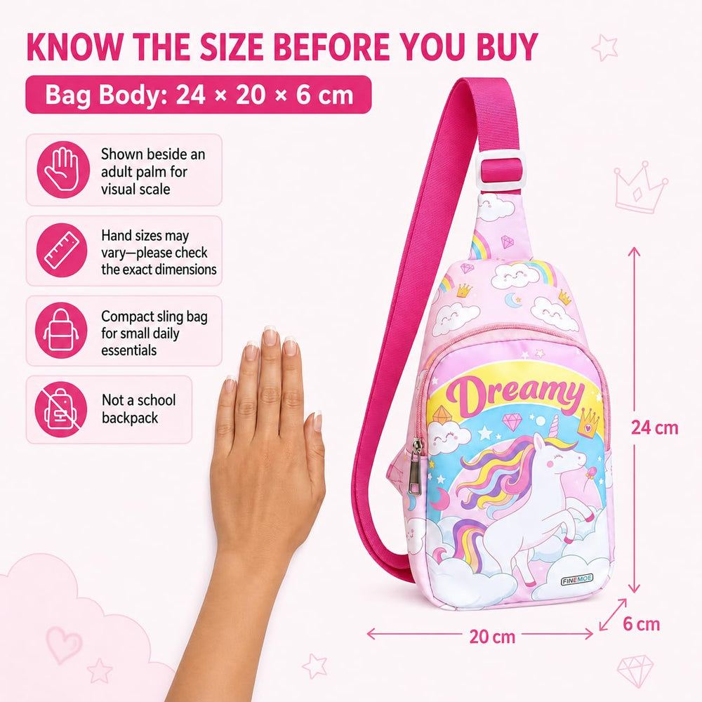 Kids sling bag – Dreamy Unicorn print (pink)