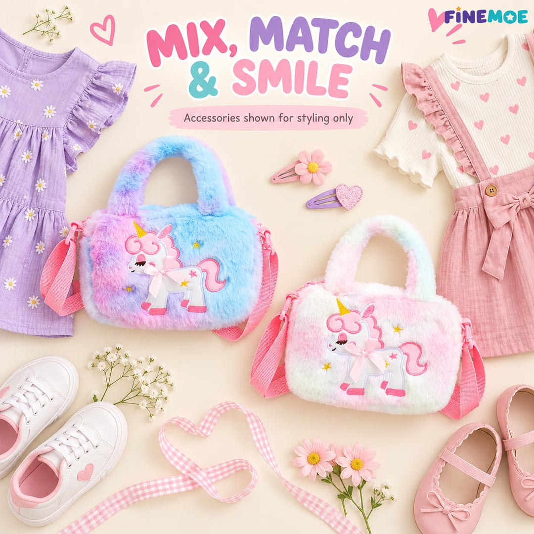 Unicorn sling bags for girls – set of 2, soft fur