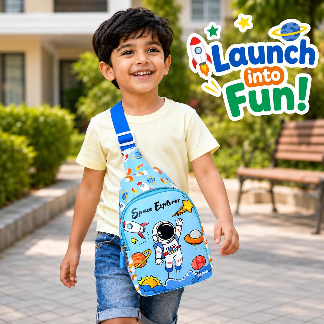 Kids sling bag – Space Explorer astronaut print (light blue)