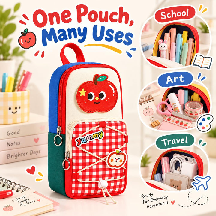 School Bag Pencil Pouch – Stands Upright, Red Apple