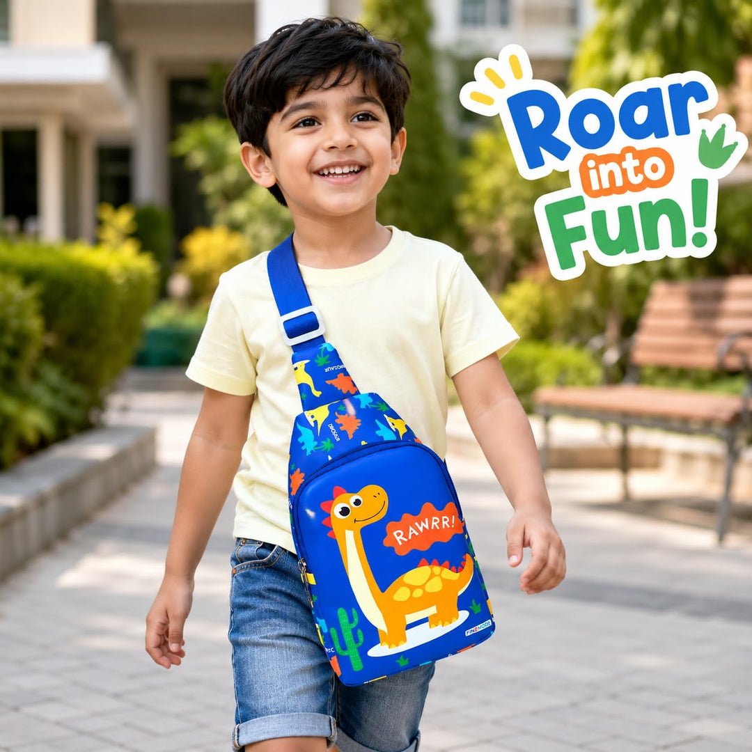 Kids sling bag – RAWRR dinosaur print (blue)