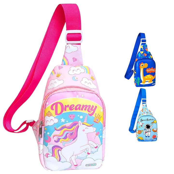 Kids sling bag – Dreamy Unicorn print (pink)