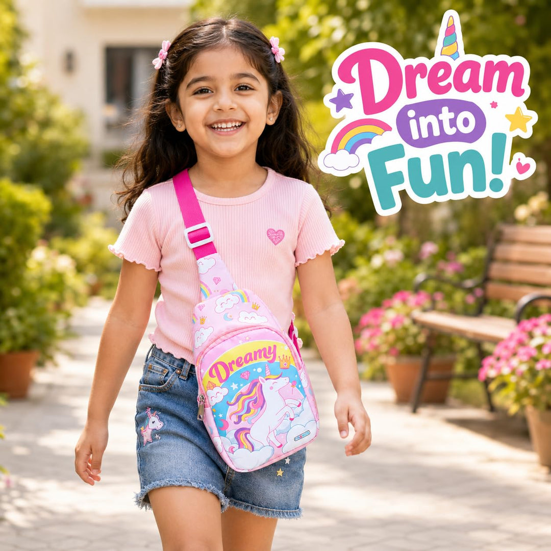 Kids sling bag – Dreamy Unicorn print (pink)