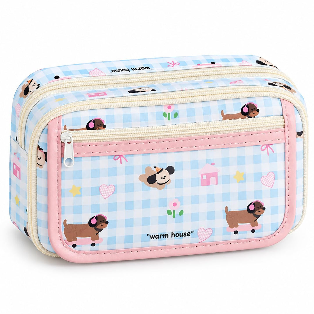 9-Layer Plaid Pencil Pouch – Flip-Open Front – Plaid Blue