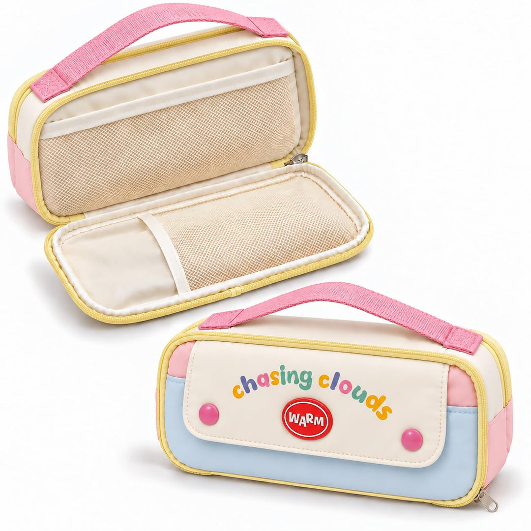 5-Compartment Pencil Pouch – Big Pen Case with Handle – Pink