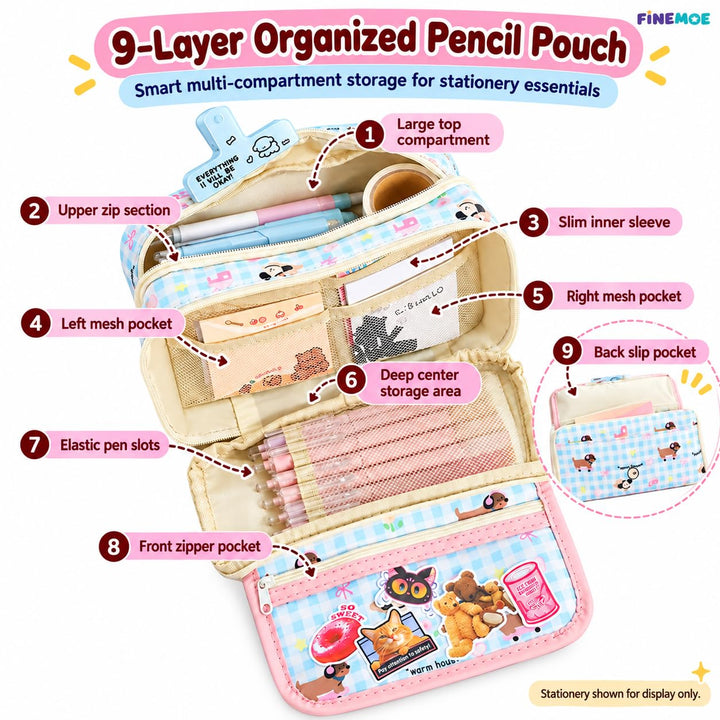 9-Layer Plaid Pencil Pouch – Flip-Open Front – Plaid Blue