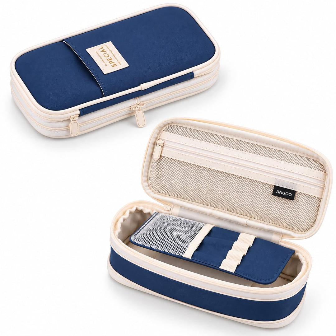 Expandable Pencil Case – Slim 3 cm, Opens to 7 cm – Navy Blue