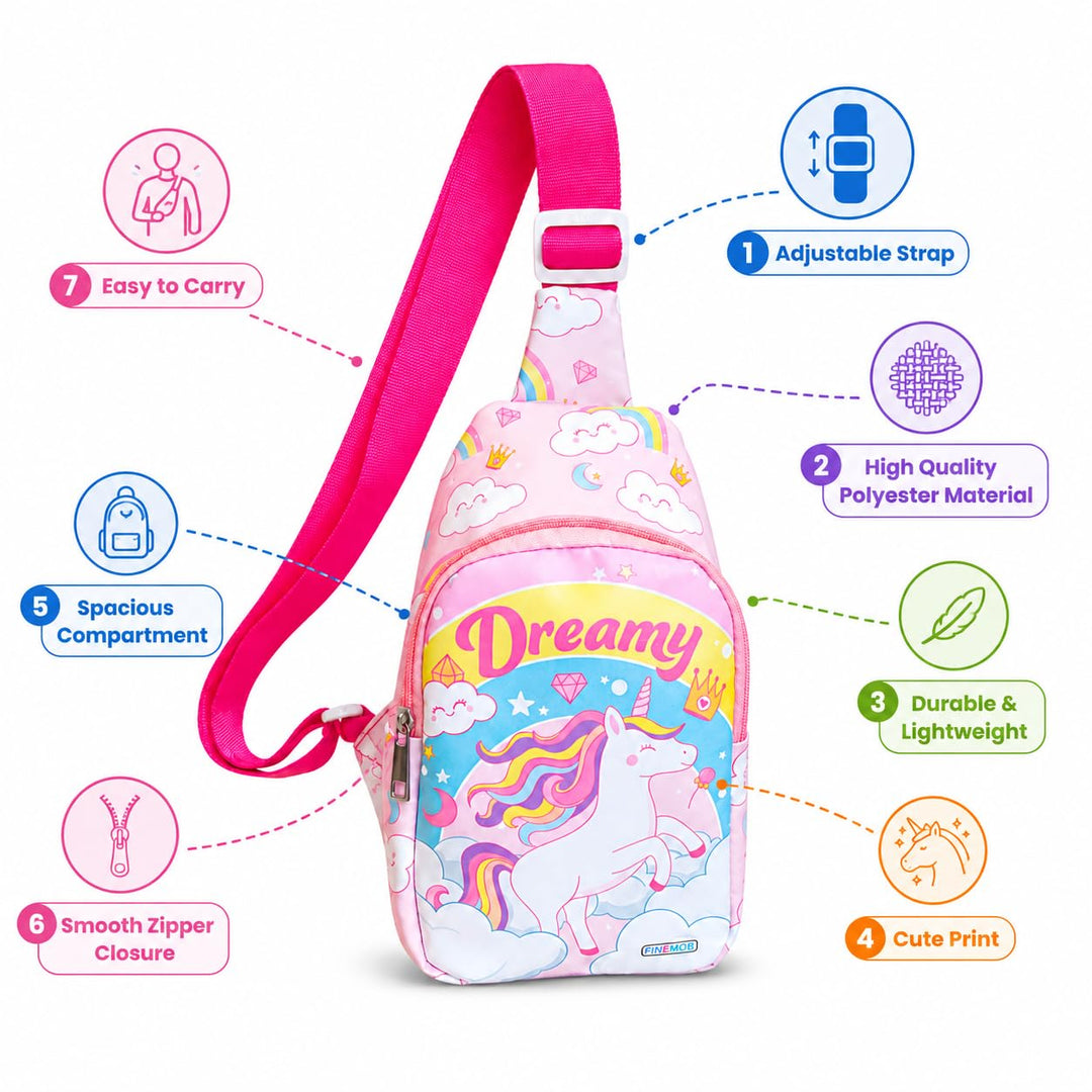 Kids sling bag – Dreamy Unicorn print (pink)