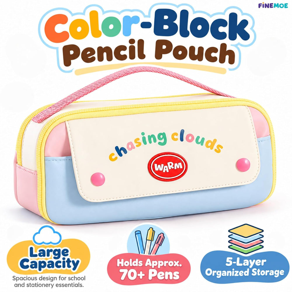 5-Compartment Pencil Pouch – Big Pen Case with Handle – Pink