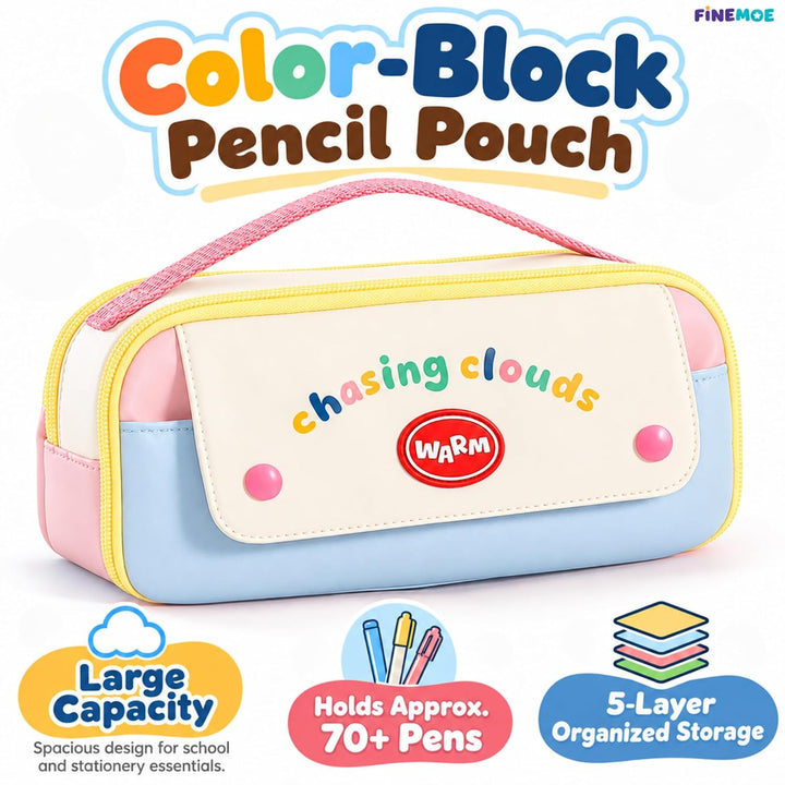 5-Compartment Pencil Pouch – Big Pen Case with Handle – Pink