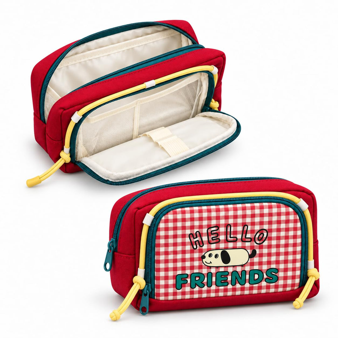 Double-Zip Puppy Pencil Pouch – Canvas – Red