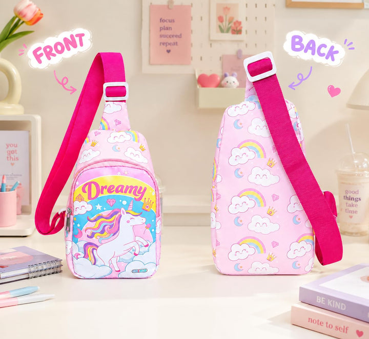 Kids sling bag – Dreamy Unicorn print (pink)