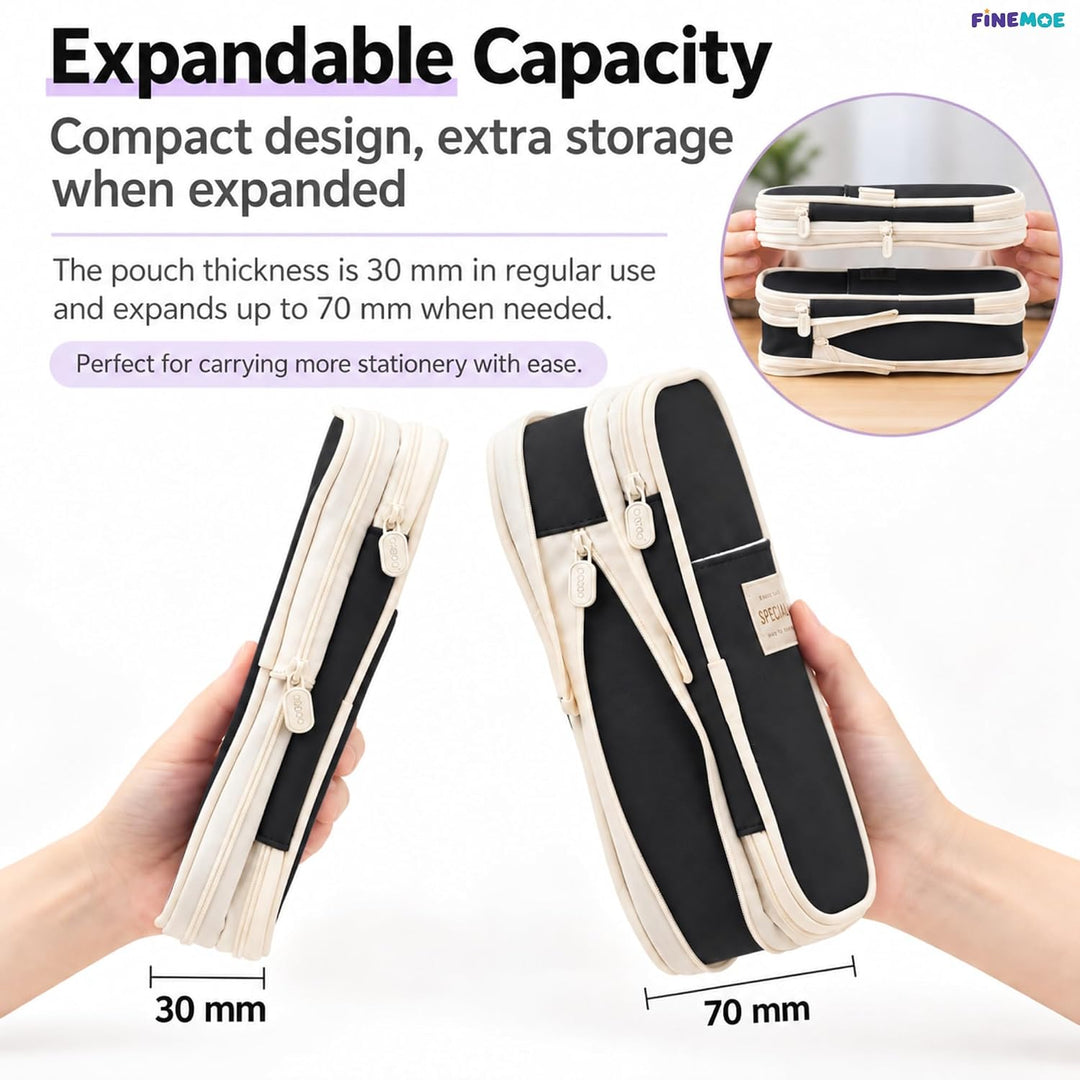 Expandable Pencil Case – Slim 3 cm, Opens to 7 cm – Black