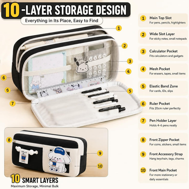 Kawaii 10-Layer Pencil Pouch – Large Capacity – Black