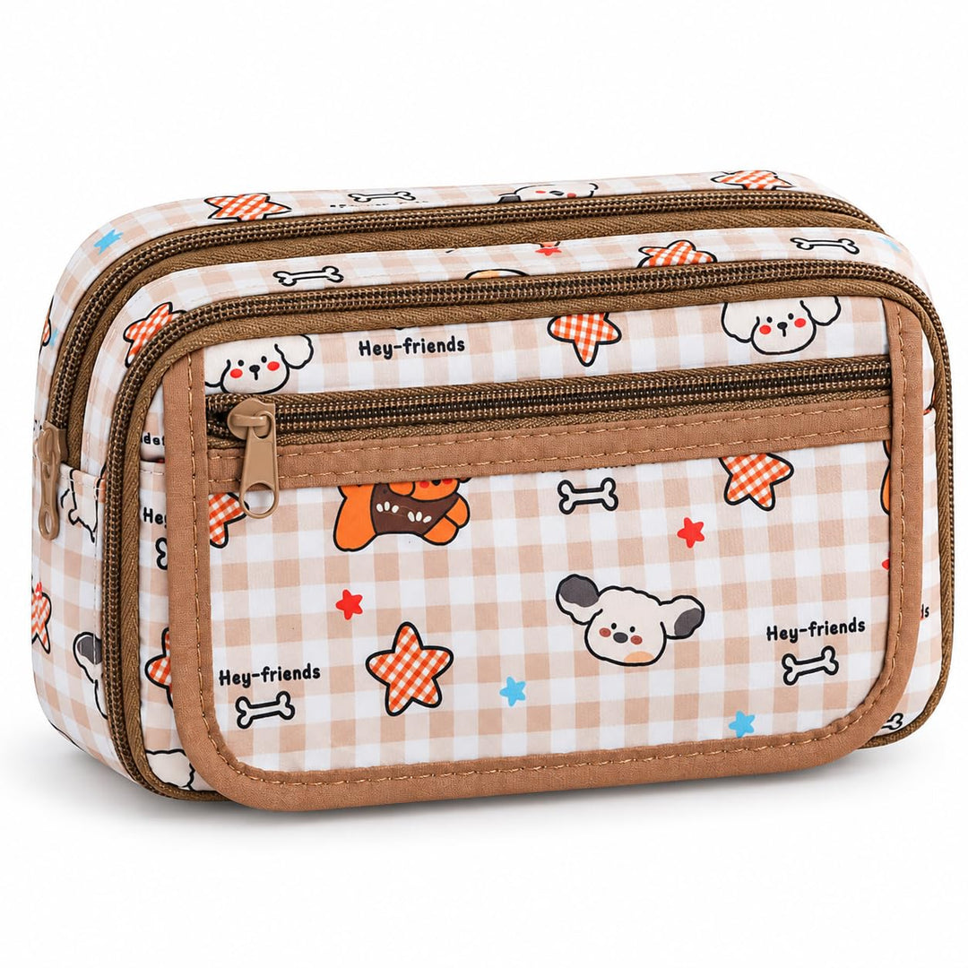 9-Layer Plaid Pencil Pouch – Flip-Open Front – Plaid Brown