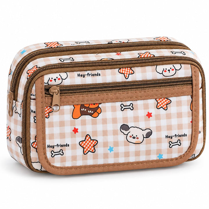 9-Layer Plaid Pencil Pouch – Flip-Open Front – Plaid Brown