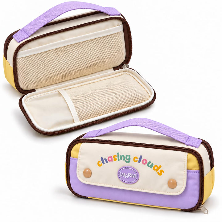 5-Compartment Pencil Pouch – Big Pen Case with Handle – Purple