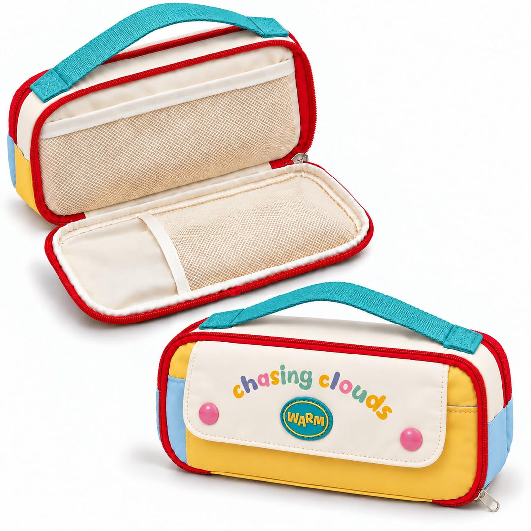 5-Compartment Pencil Pouch – Big Pen Case with Handle – Yellow