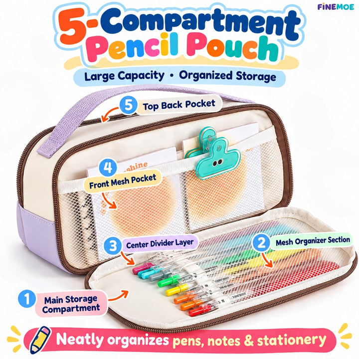 5-Compartment Pencil Pouch – Big Pen Case with Handle – Purple