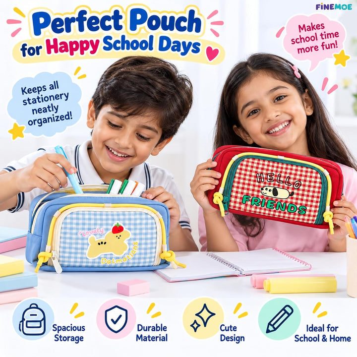 Double-Zip Puppy Pencil Pouch – Canvas – Blue