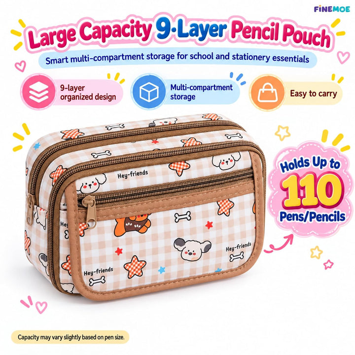 9-Layer Plaid Pencil Pouch – Flip-Open Front – Plaid Brown