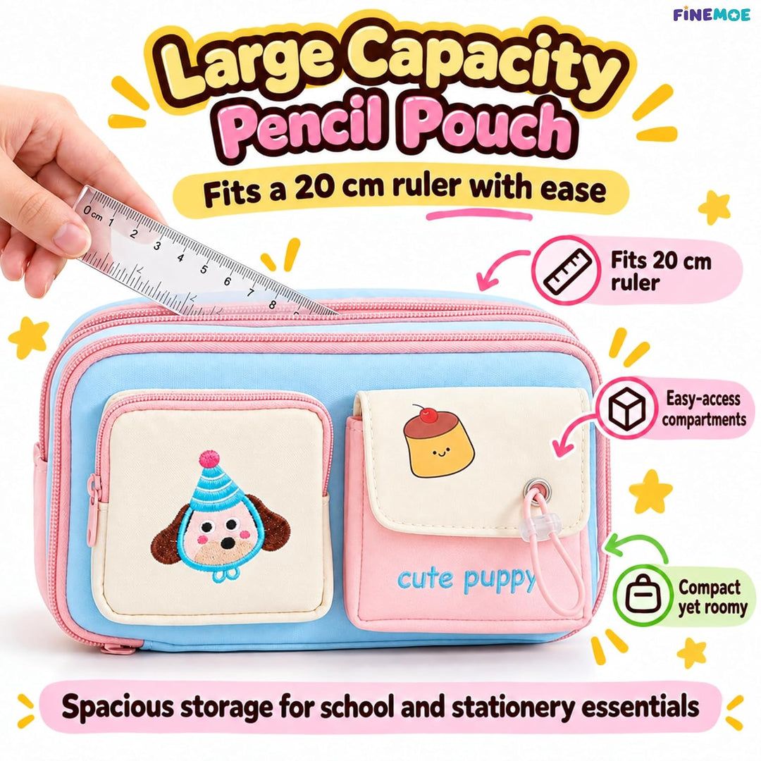 Cute Puppy Pencil Pouch – Embroidered, 4 Pockets