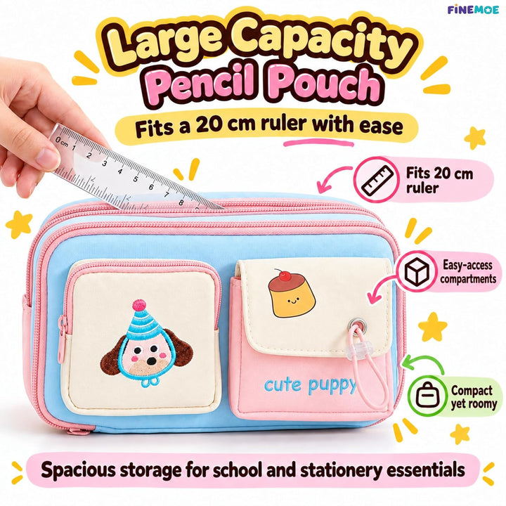 Cute Puppy Pencil Pouch – Embroidered, 4 Pockets