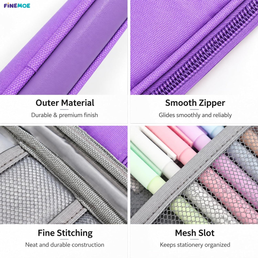 Book-Style Pencil Case – Mesh and Phone Pocket – Purple