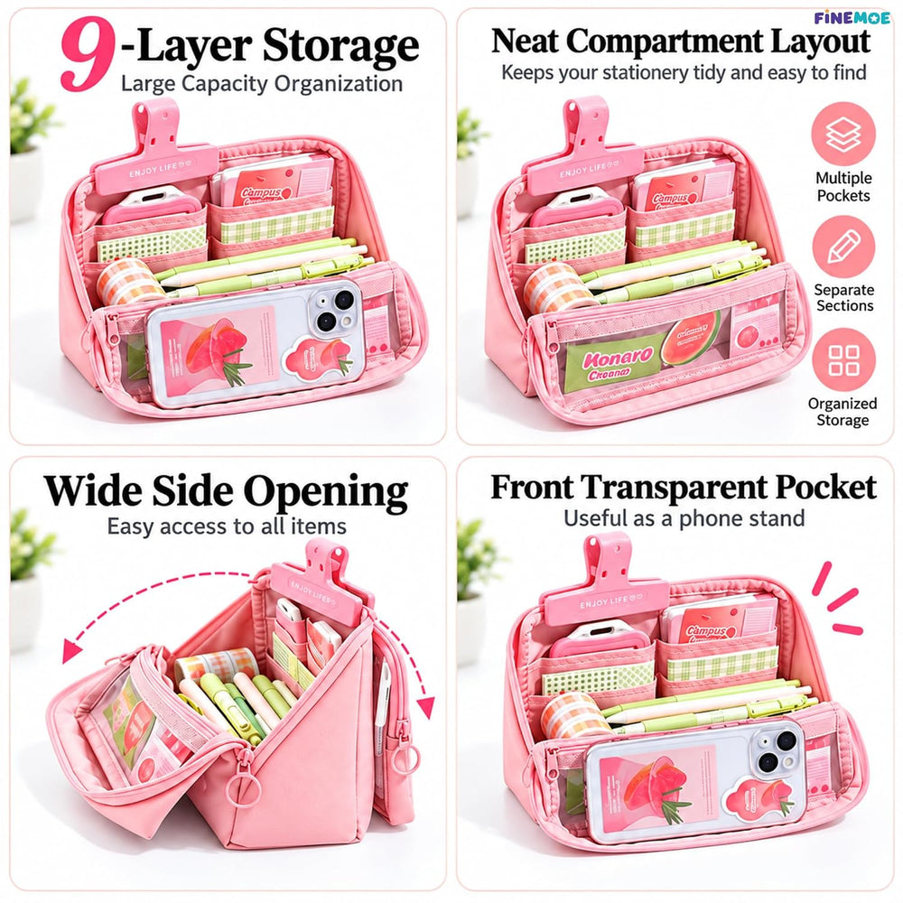Standing Pencil Case – Detachable Clear Pouch – Pink