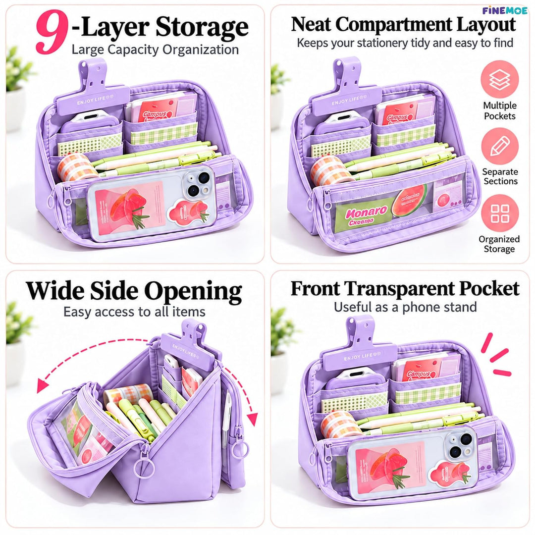 Standing Pencil Case – Detachable Clear Pouch – Purple
