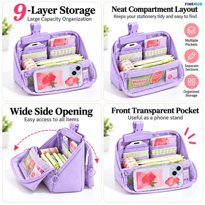Standing Pencil Case – Detachable Clear Pouch – Purple