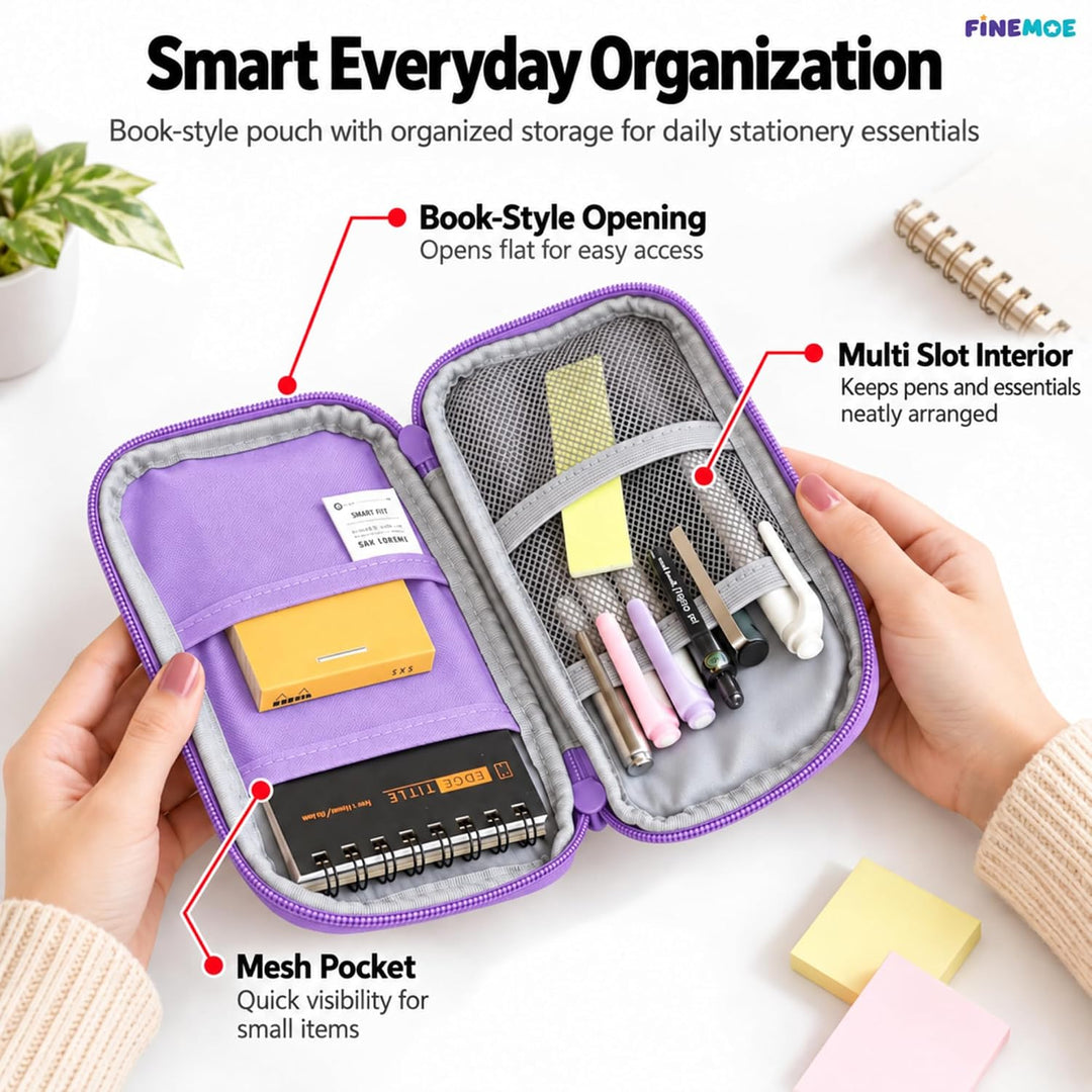 Book-Style Pencil Case – Mesh and Phone Pocket – Purple
