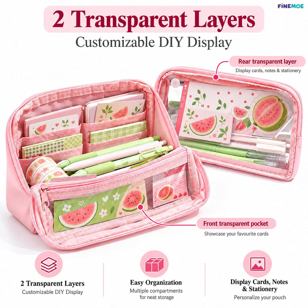 Standing Pencil Case – Detachable Clear Pouch – Pink