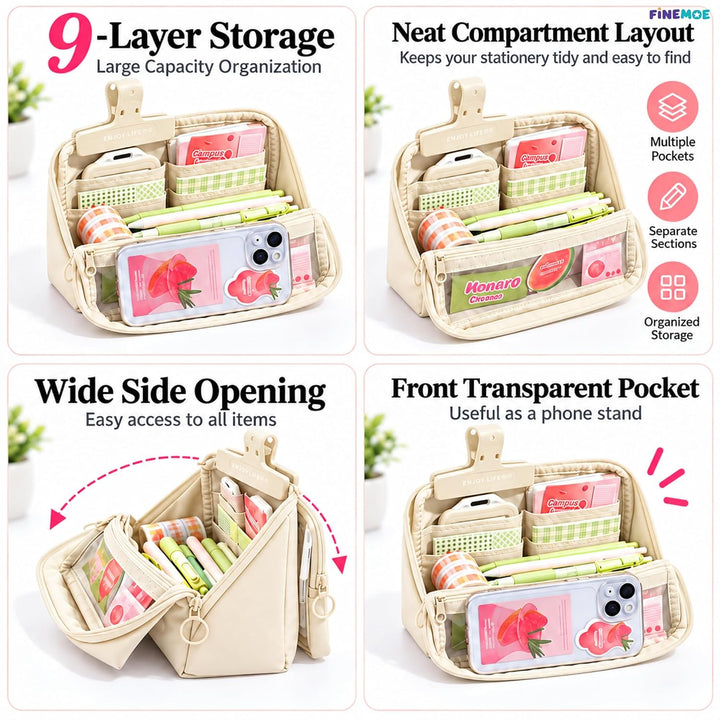 Standing Pencil Case – Detachable Clear Pouch – Beige
