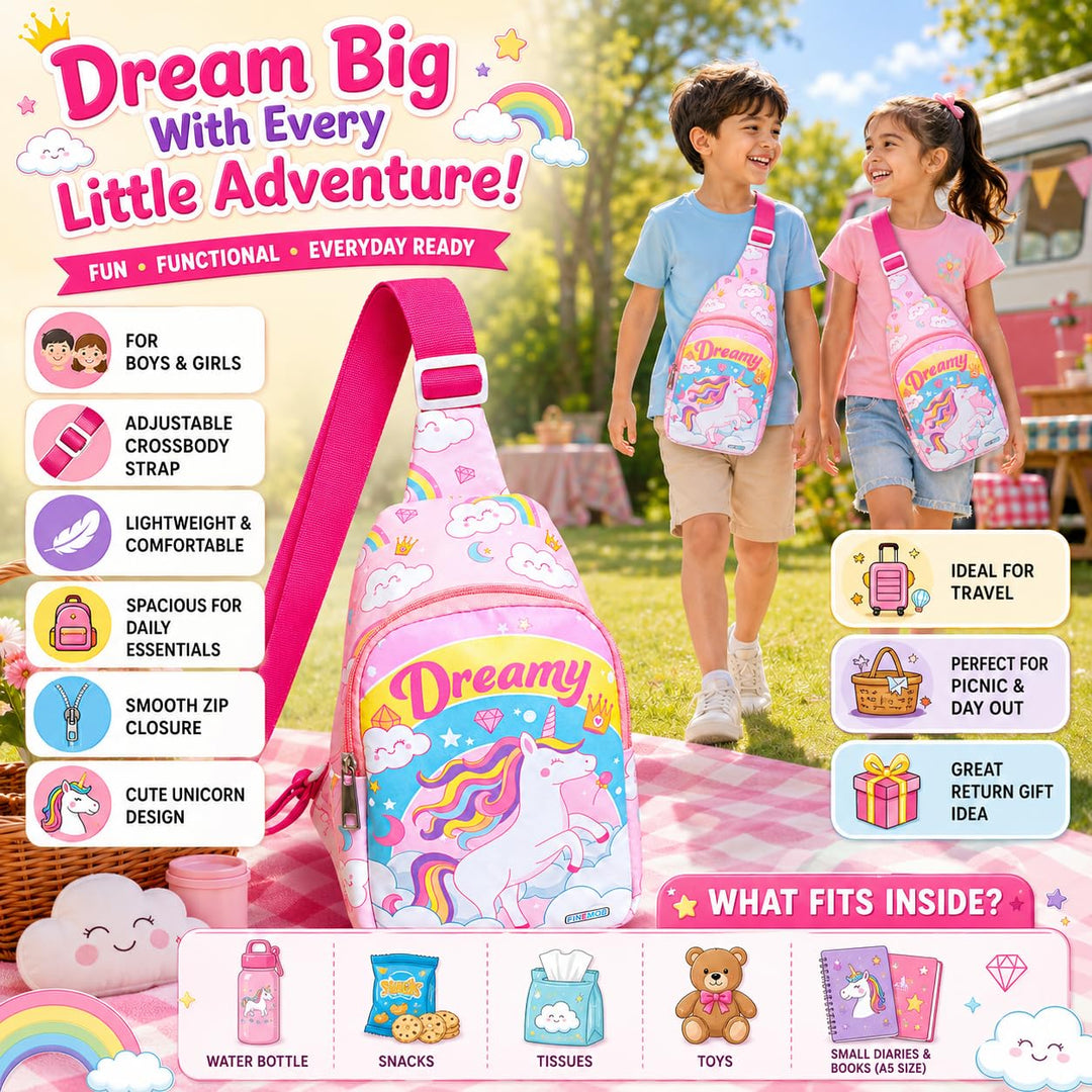 Kids sling bag – Dreamy Unicorn print (pink)
