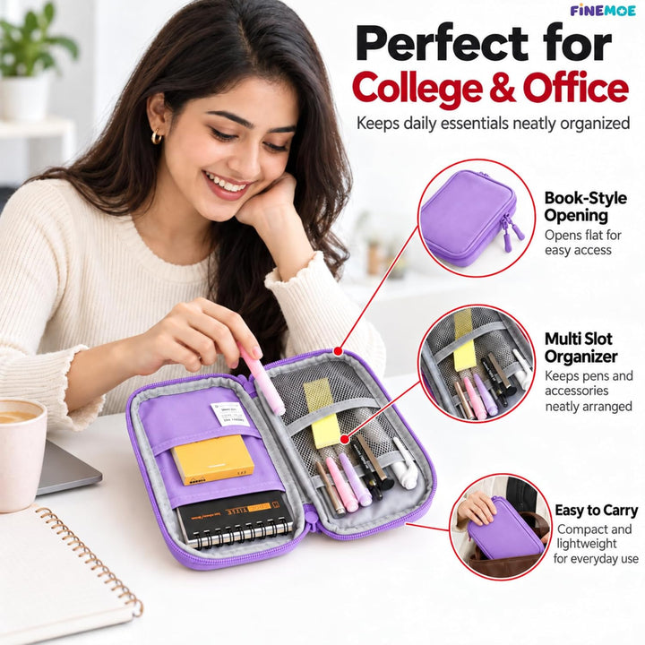 Book-Style Pencil Case – Mesh and Phone Pocket – Purple