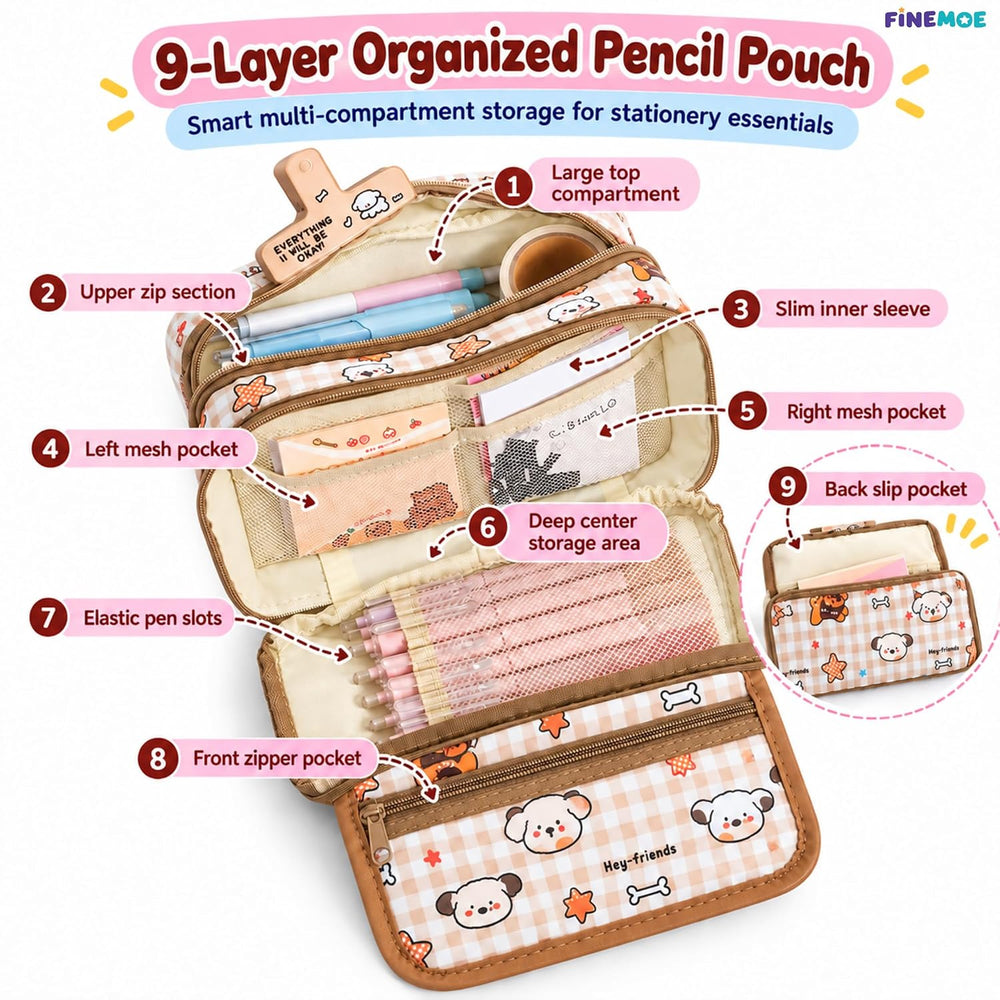 9-Layer Plaid Pencil Pouch – Flip-Open Front – Plaid Brown
