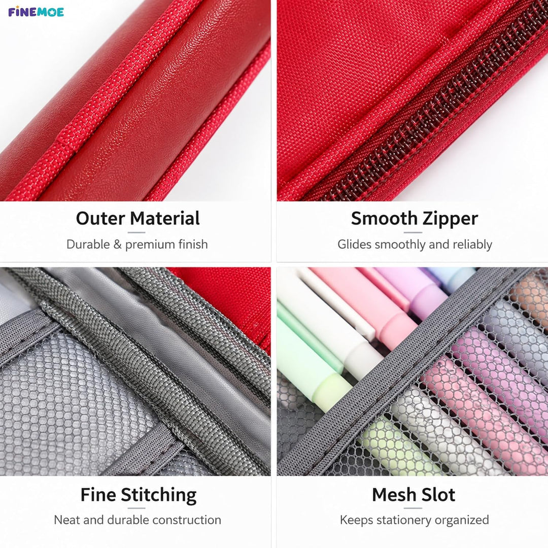 Book-Style Pencil Case – Mesh and Phone Pocket – Red